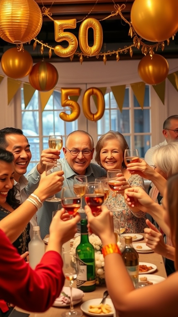 Heartfelt Toast for a 50-Year Anniversary Guests raising glasses in a toast at a 50-year anniversary celebration, with a happy couple in the center.